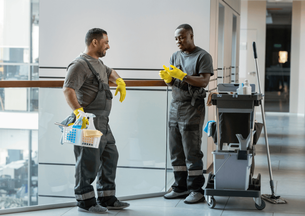 Funcionários terceirizados de limpeza trabalhando - Facilities e serviços terceirizados