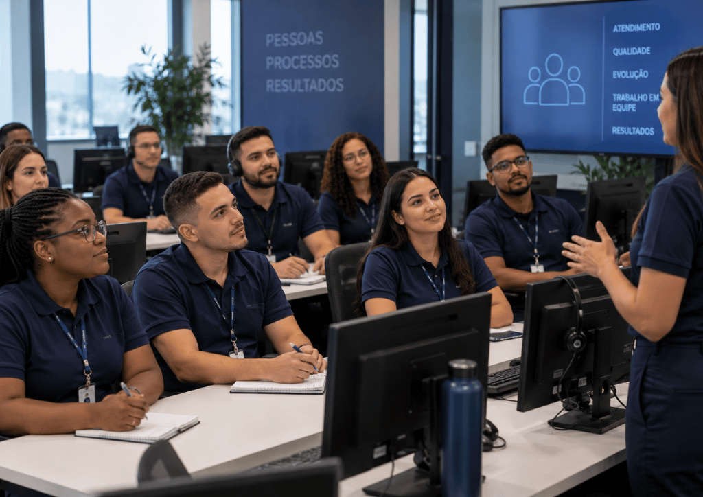 Imagem simulando equipe de contact center em treinamento - imagem gerada por IA