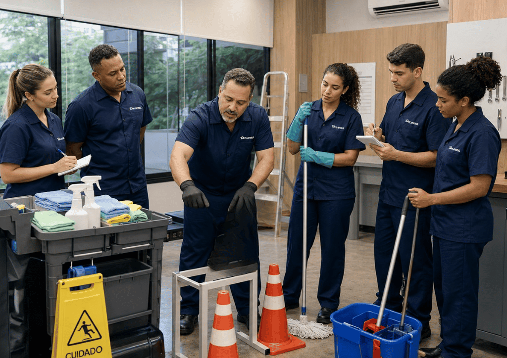 Imagem simulando um líder repassando treinamento à equipe - imagem gerada por IA